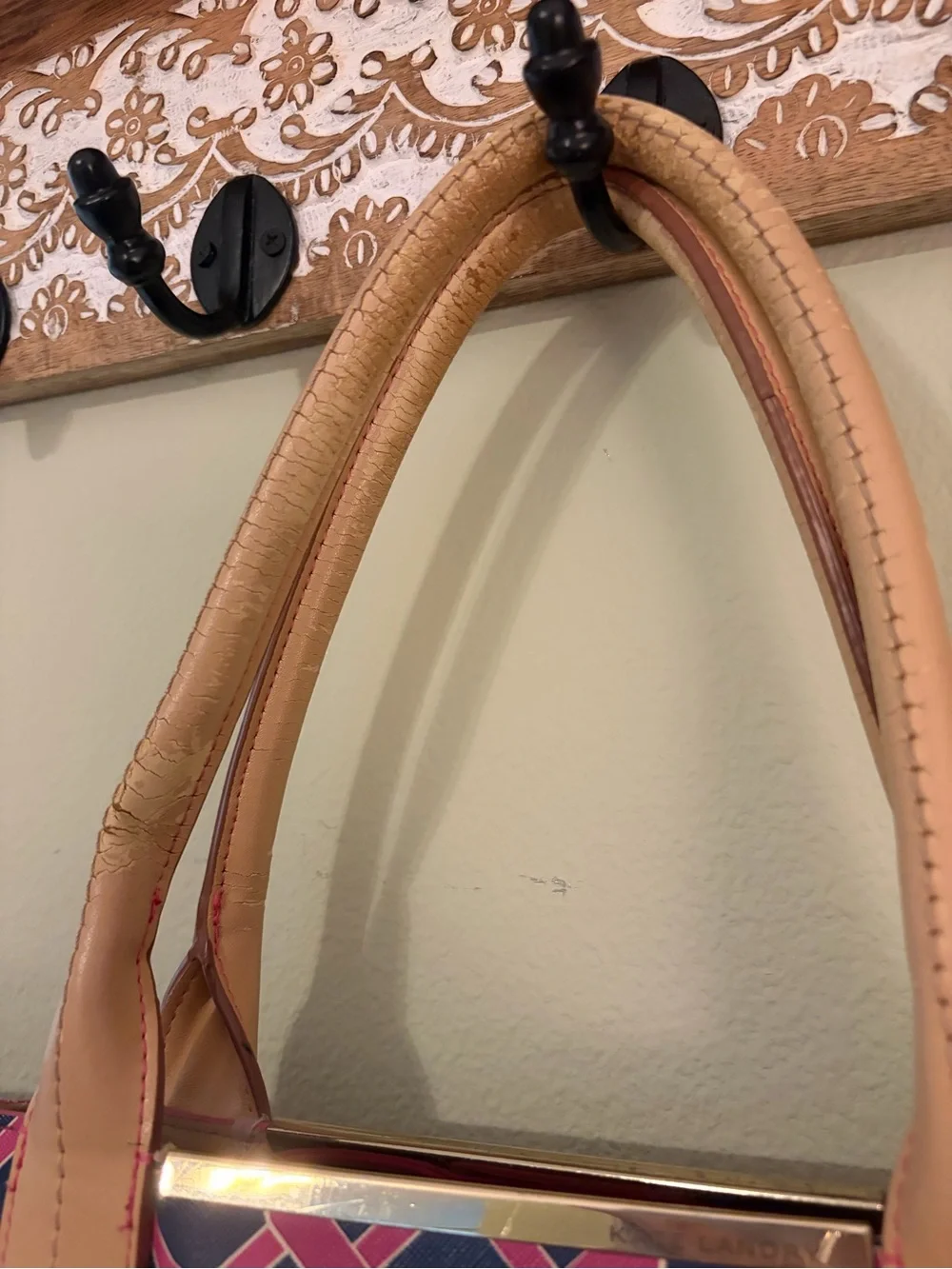 Navy & Pink Patterned Tote Bag with Tan Handles